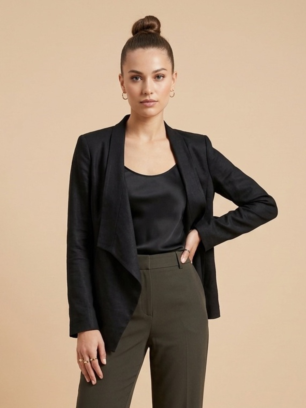 MICHAEL KORS | Black 100% Linen Waterfall Lapel Open Front Blazer Jacket Sz 2